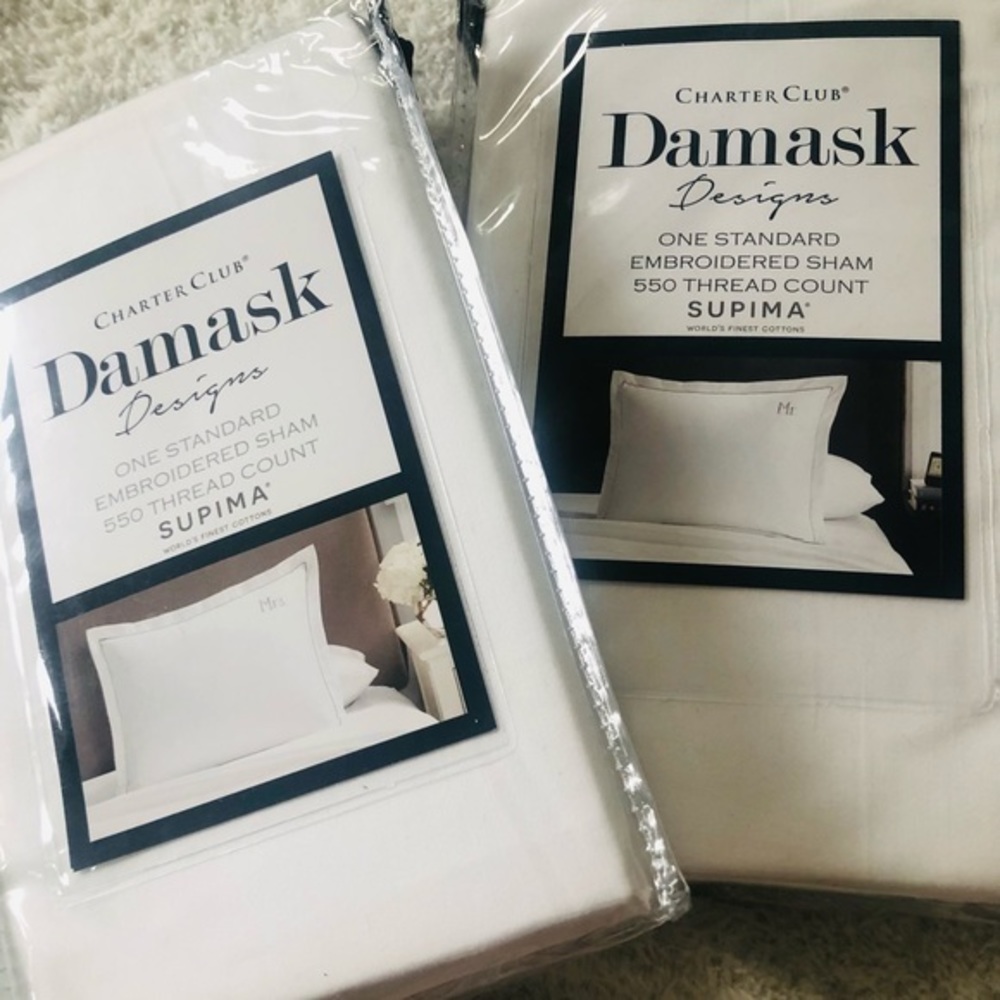 “Mr” and “Mrs” Standard Sham Set of Two White NWT 550 thread count Supima
